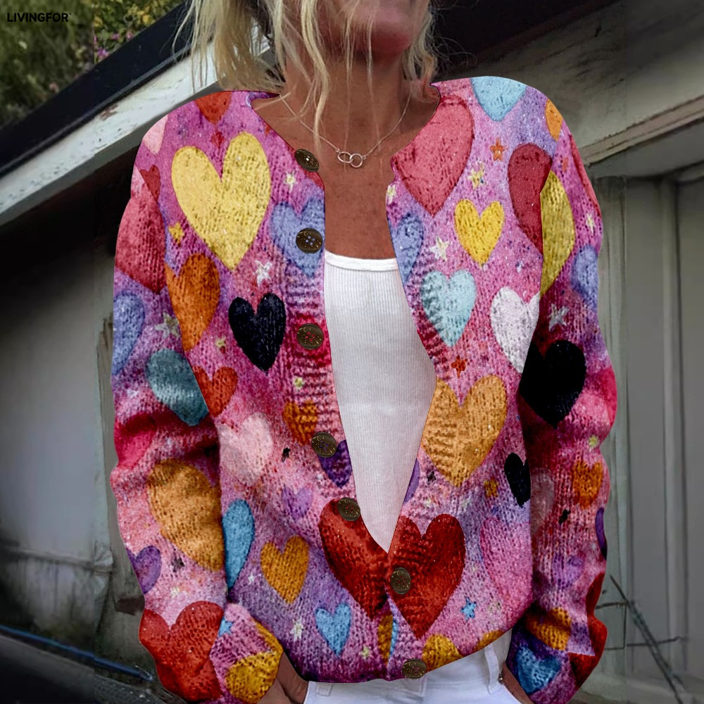 Women's Heart & Flower Print Button Cardigan Sweater