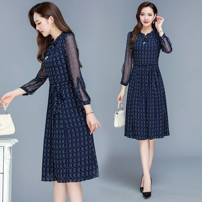 Floral Print A-Line Midi Dress with Mesh Splicing and Waist Tie