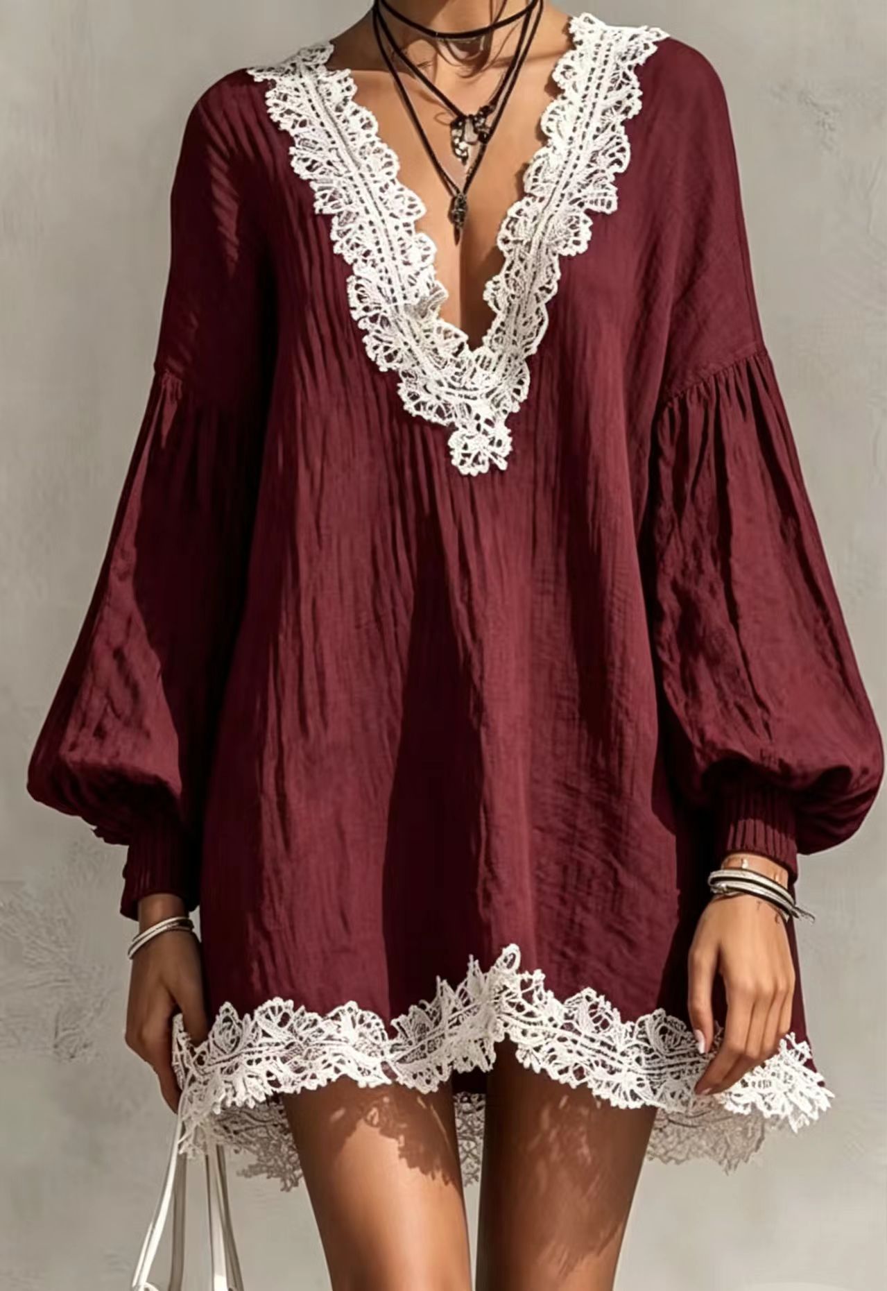 Color-Block V-Neck Lace-Trim Lantern-Sleeve Loose Dress