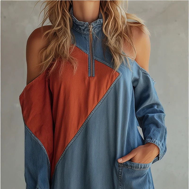 Stand Collar Zip Colorblock Asymmetric Denim Dress