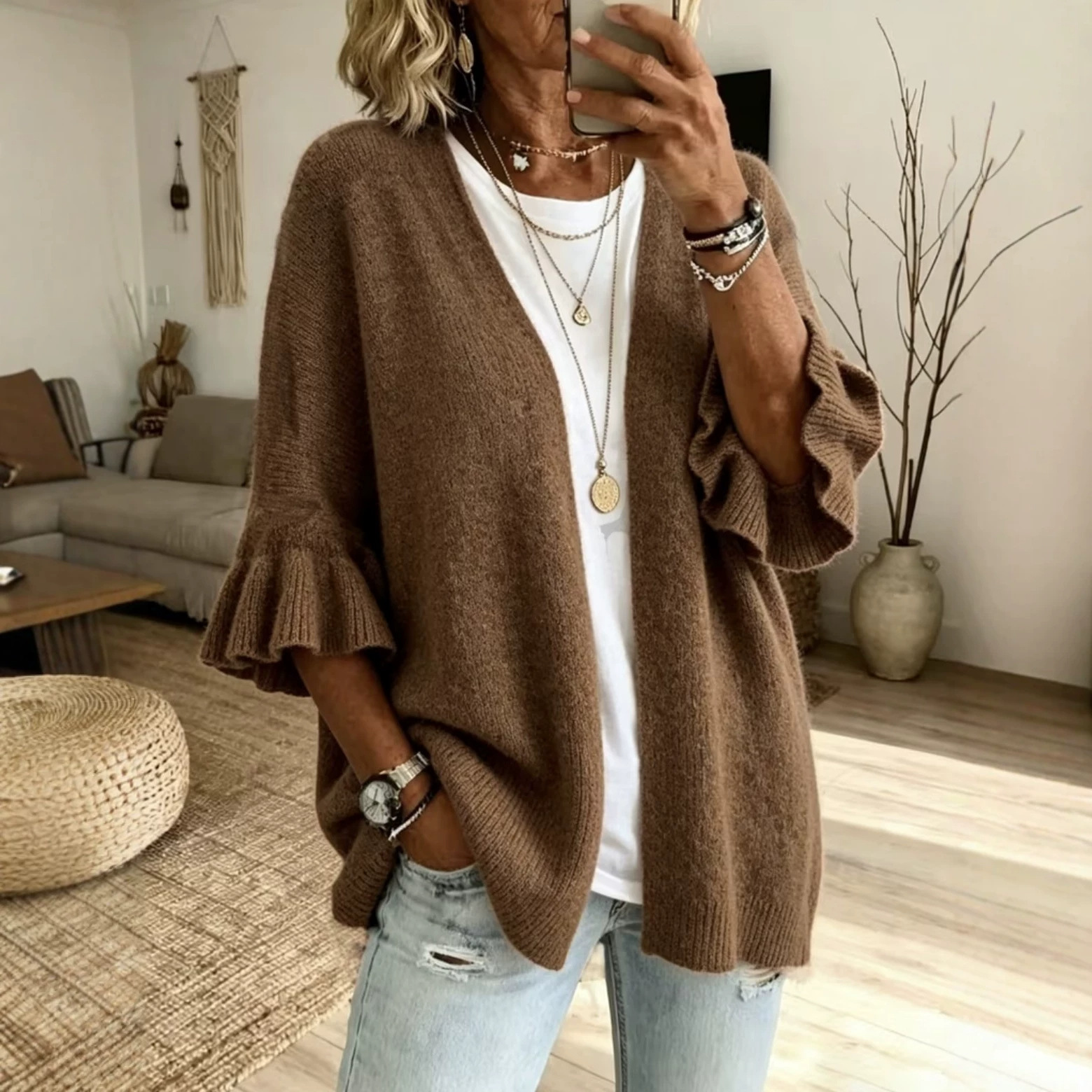Plus Size Solid Color 3/4 Sleeve Knit Cardigan Sweater Women's Loose Casual