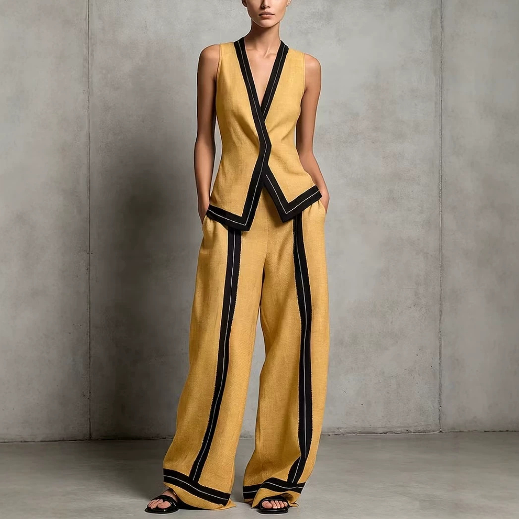 Women's V-Neck Sleeveless Top and High-Waist Wide-Leg Pants Set