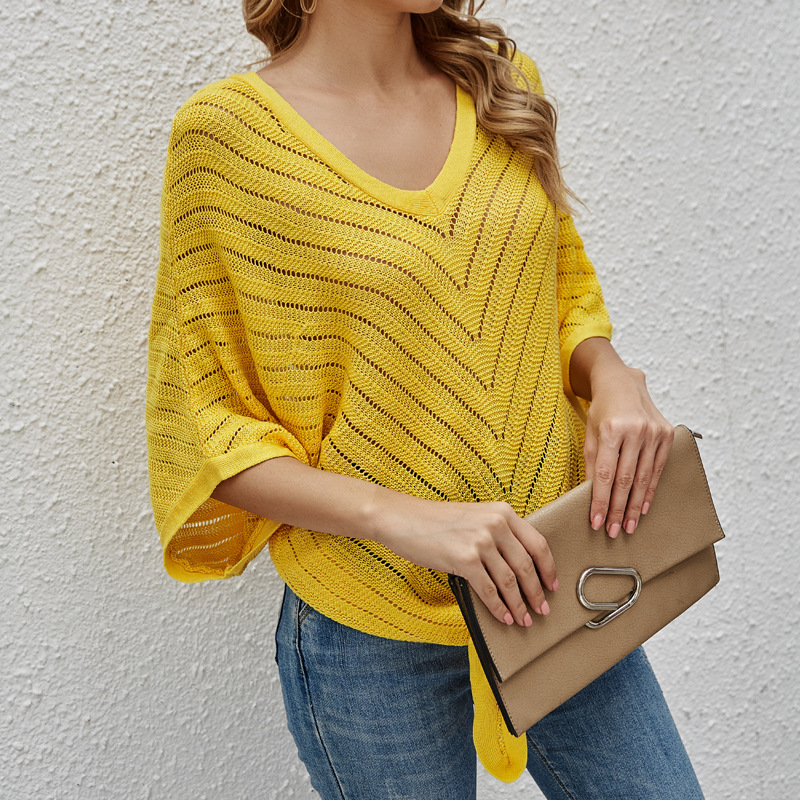 Women's V-Neck Short Sleeve Batwing Top Tie-Front Lightweight Hollow Knit