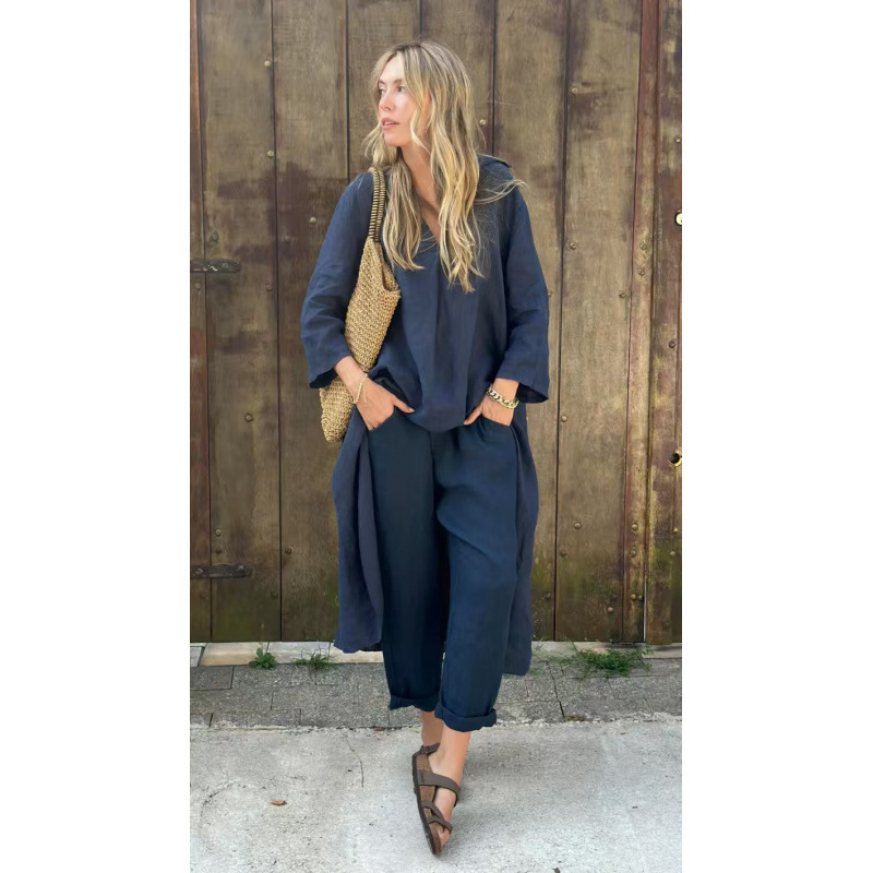 Women's Plus Size Cotton-Linen V-Neck Long Sleeve Top & Pants Set Casual Loungewear