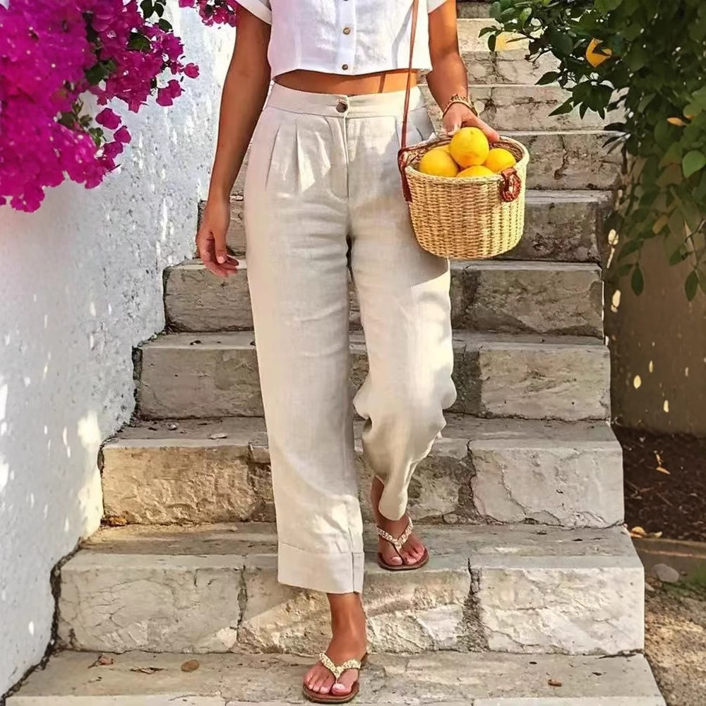 Women's Cotton Linen Straight-Leg Cropped Pants with Buttons
