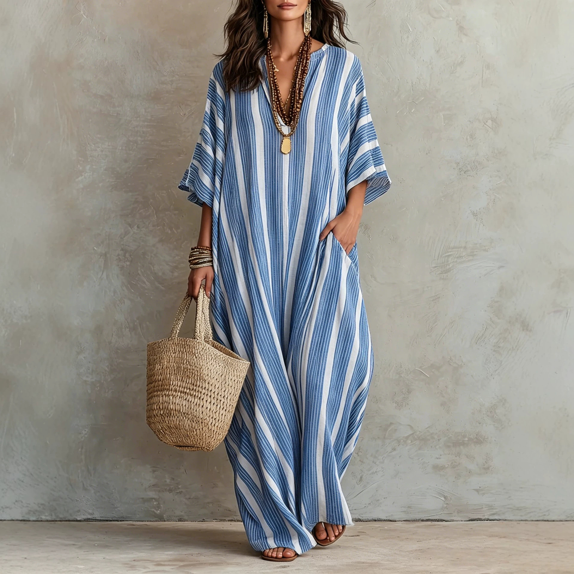 Striped Print A-Line Maxi Dress with Pockets