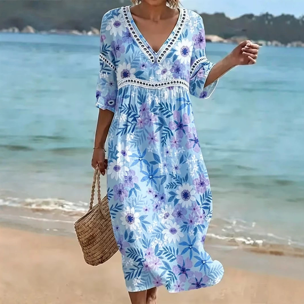 Women's Floral Print Pleated Midi Dress Deep V-Neck Five-Sleeve Slim Fit