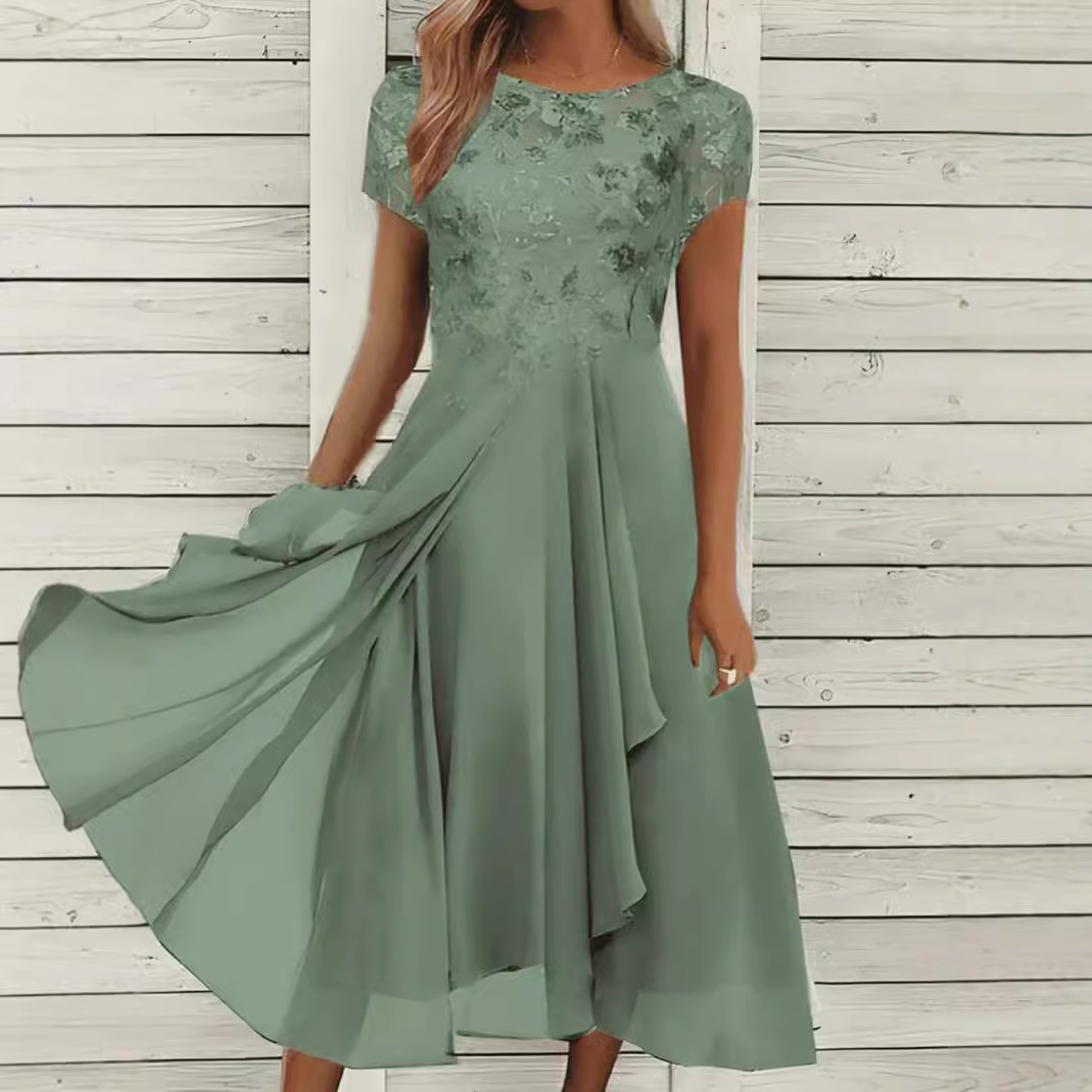 Chiffon Sequin Print Round Neck Maxi Dress