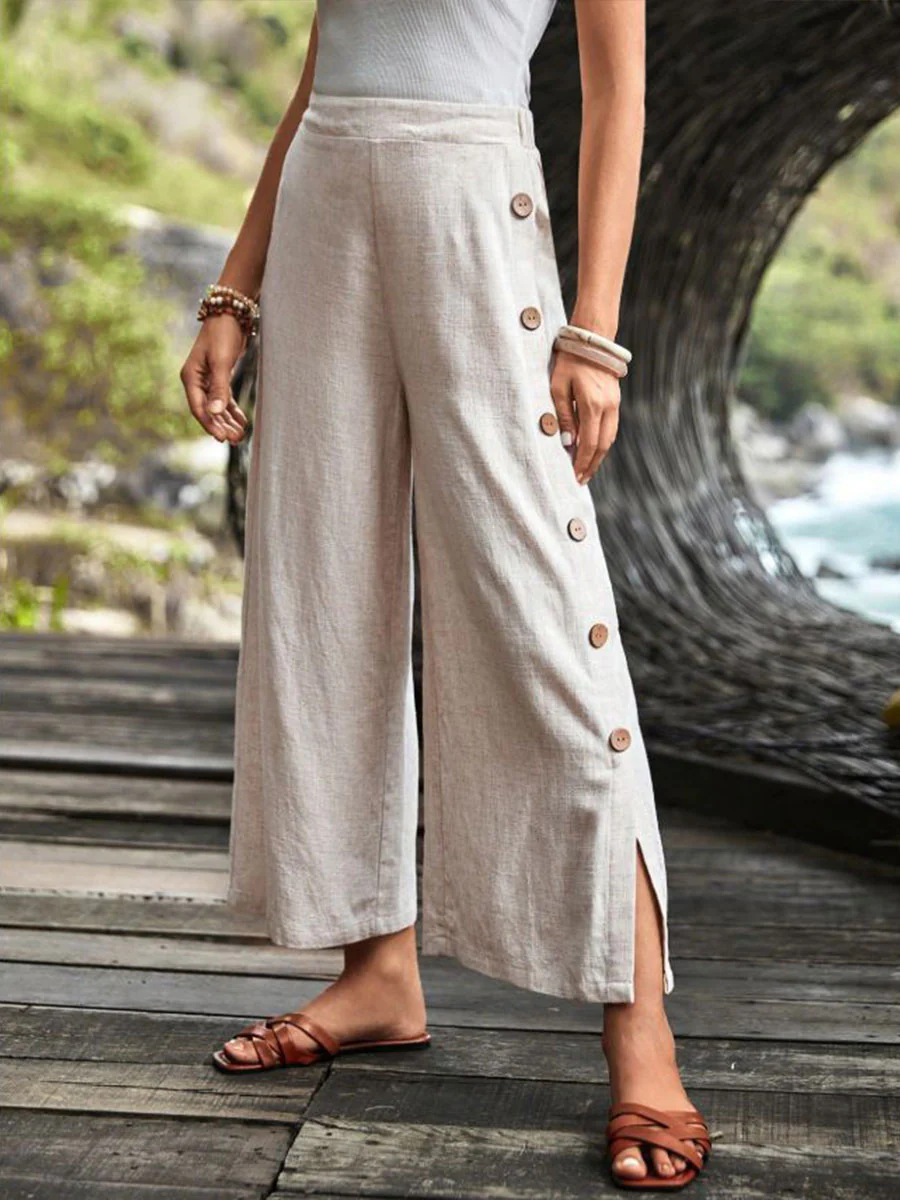 Cotton-Linen Wide-Leg Split Hem Pants