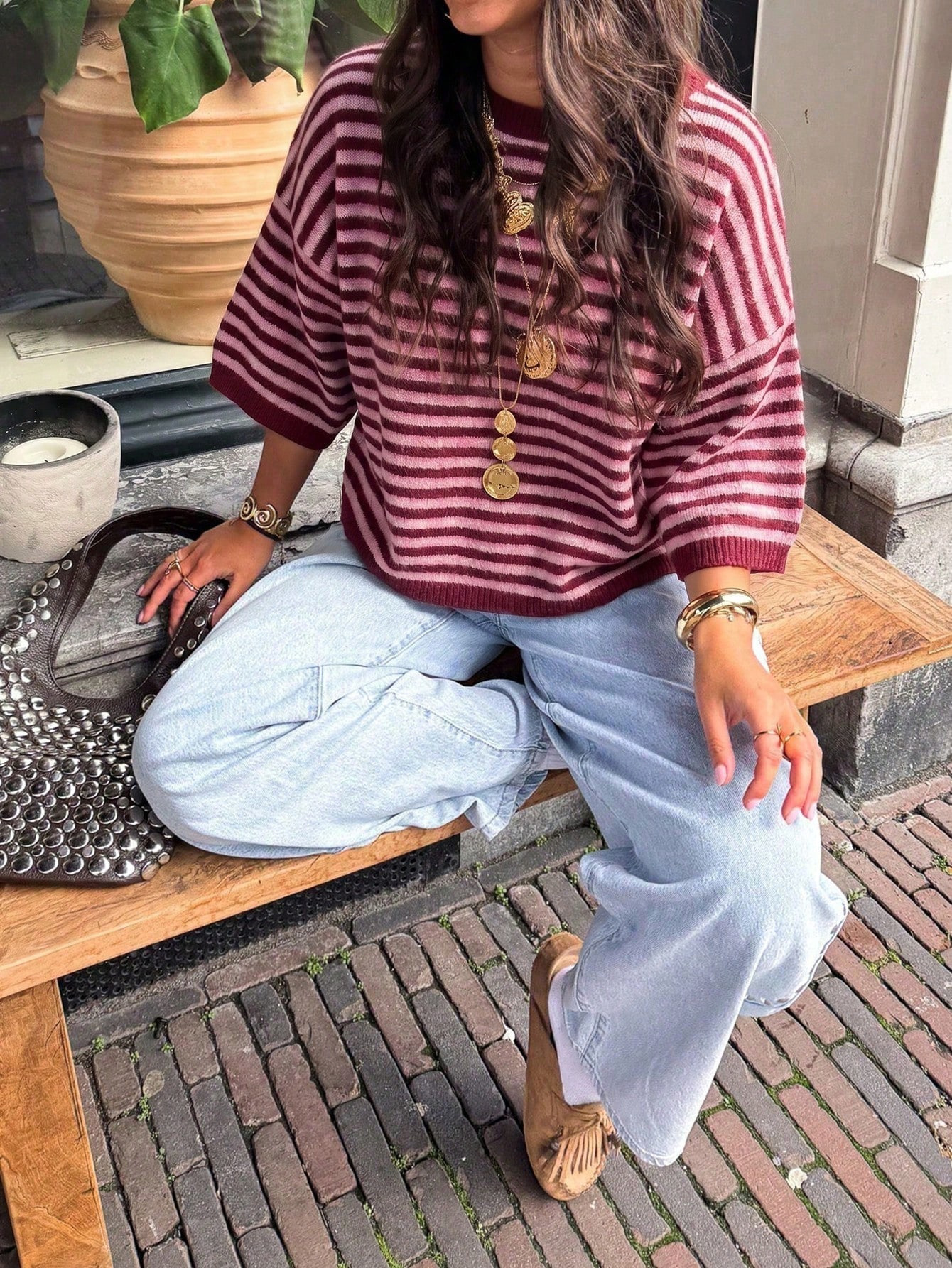Color-Block Striped Knit Top Women's Loose Batwing Sleeve Pullover