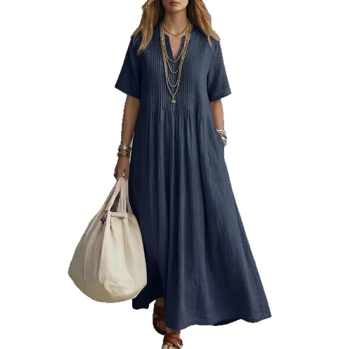 Women's Summer V-Neck Pleated Maxi Dress Casual Vacation Solid Color