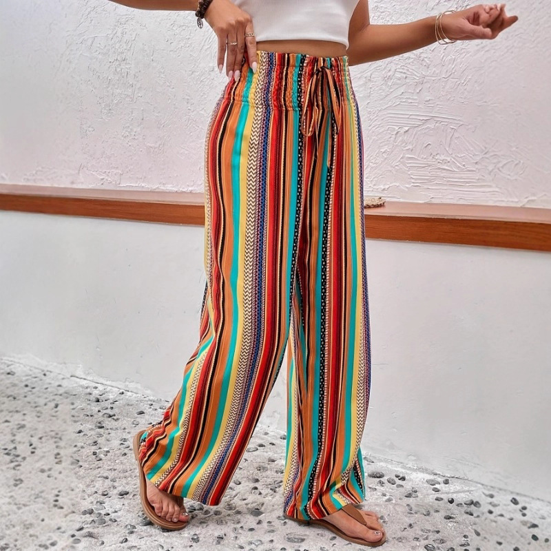 Women's Striped Wide-Leg Casual Pants with Elastic Waist