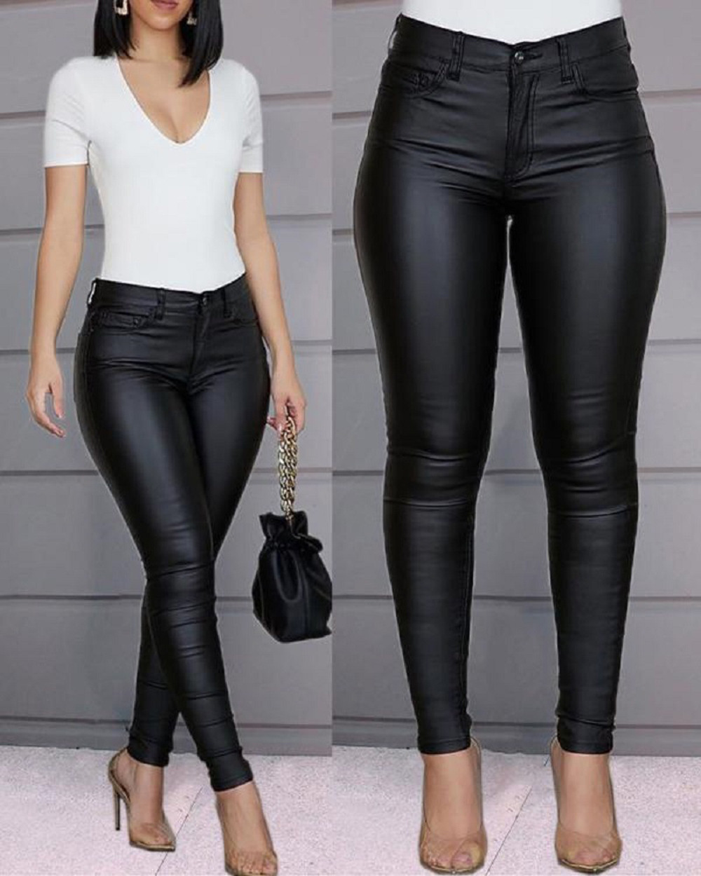 Women's Solid PU Leather Skinny Pants High Waist Stretchy Long Trousers