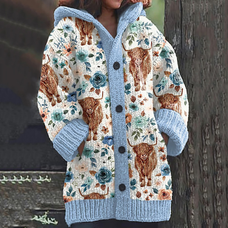 Women's Vintage Animal Print Hooded Button Cardigan