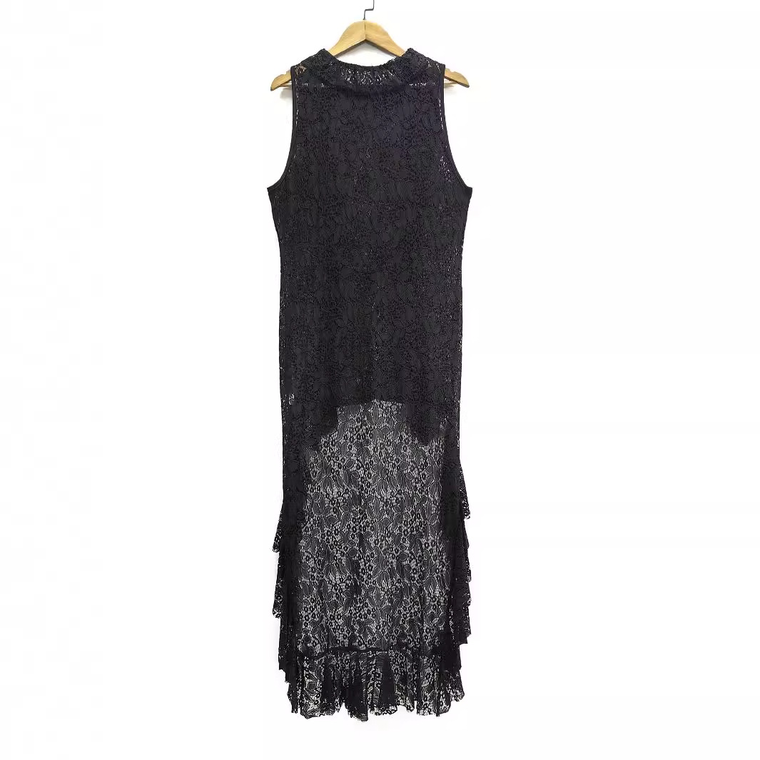 Plus Size Lace Sweep Train Dress Sleeveless Sheer Ruffled Collar Asymmetrical