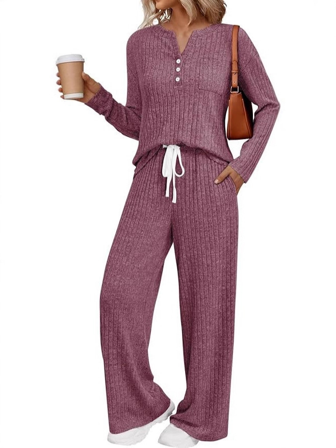 Women's V-Neck Two-Piece Pajama Set Long Sleeve Loungewear