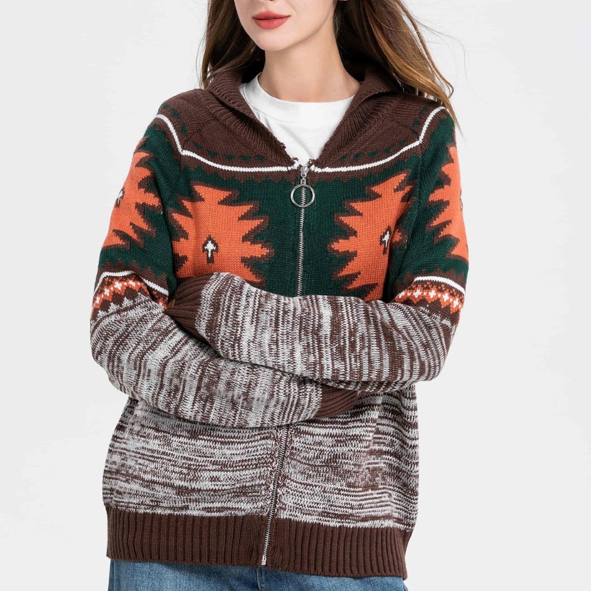 Women's Ethnic Floral Knit Cardigan with Collar and Zip