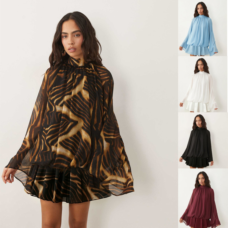 Women's High Neck Puff Hem Open Back Long Sleeve Dress