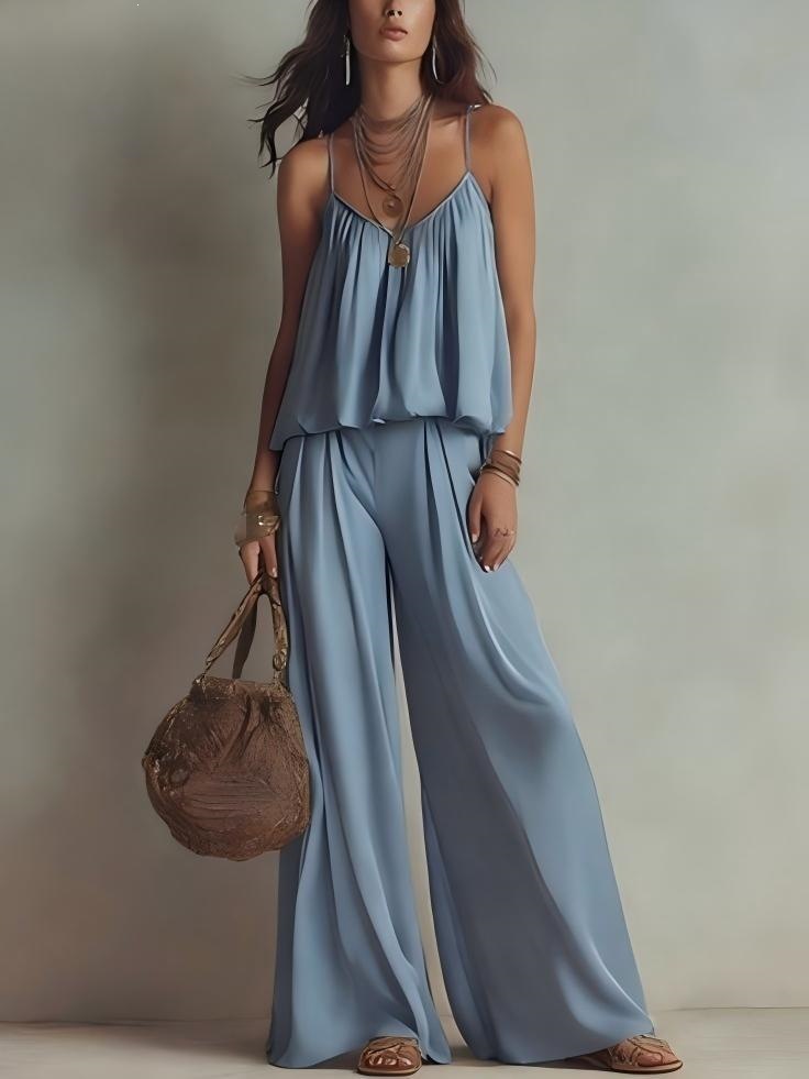 French Square-Neck Cami & Wide-Leg Pants Two-Piece Set