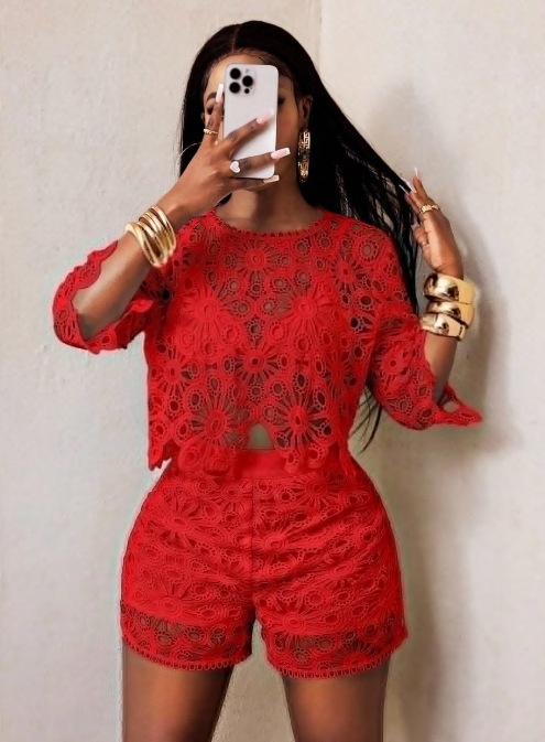 Women's Solid Color Hollow Lace Slim Fit Two-Piece Set
