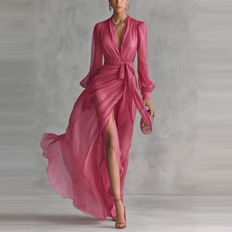 V-Neck Solid Color Waist-Cinched Long Sleeve High Slit Flowy Chiffon Dress