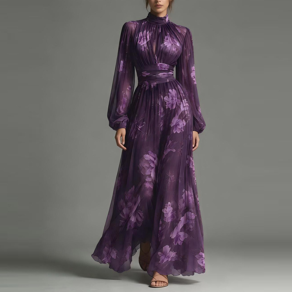 Women's Digital Print Ruched Waist Slimming Pleated Dress