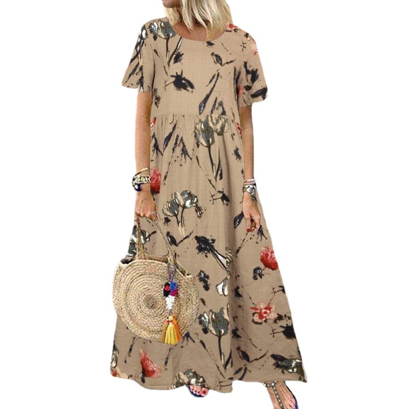 Women's Summer Short Sleeve Round Neck A-Line Midi Dress Cotton Linen Floral Print