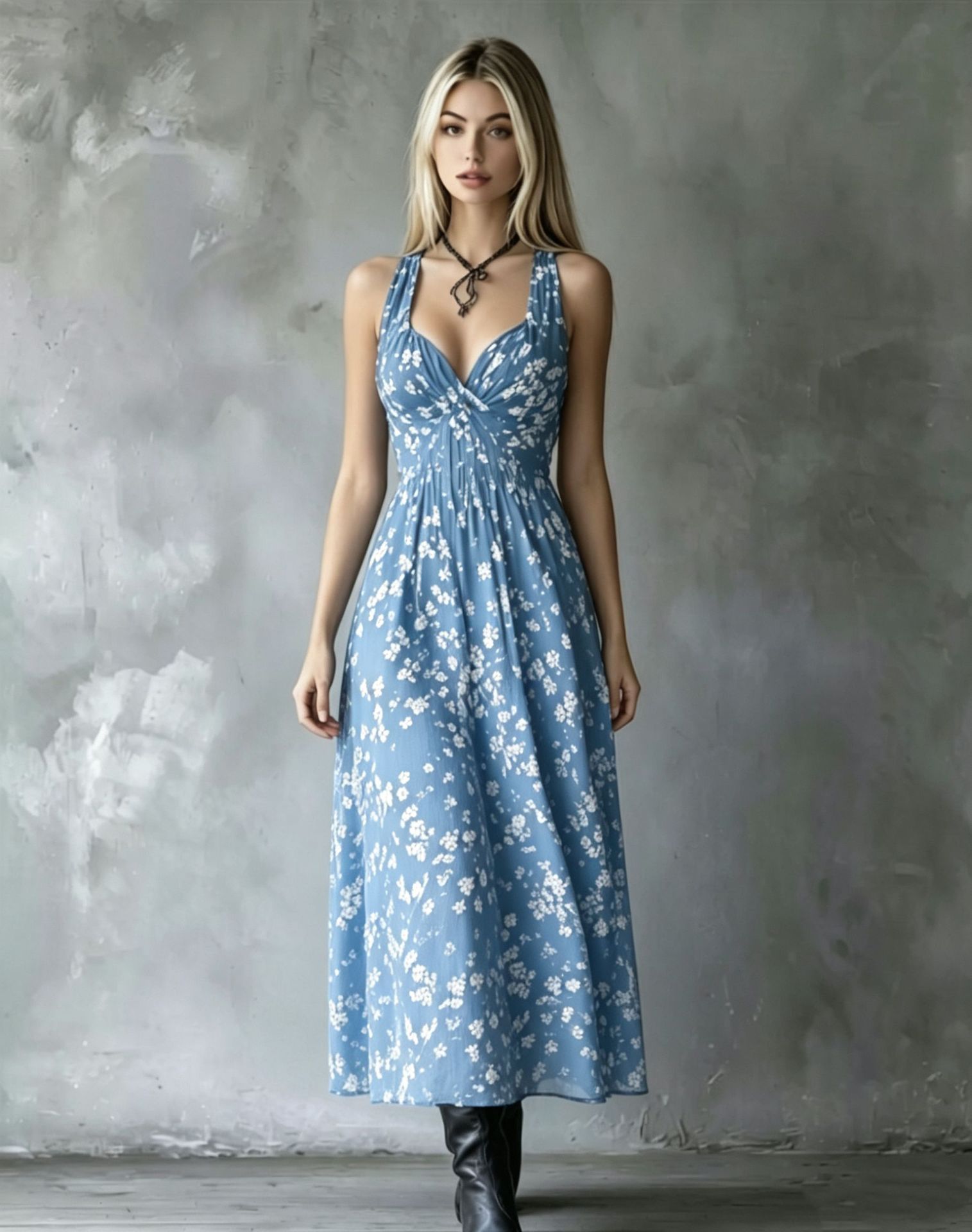 Women's Halter Floral Midi Dress V-Neck Waist-Cinching A-Line Vacation