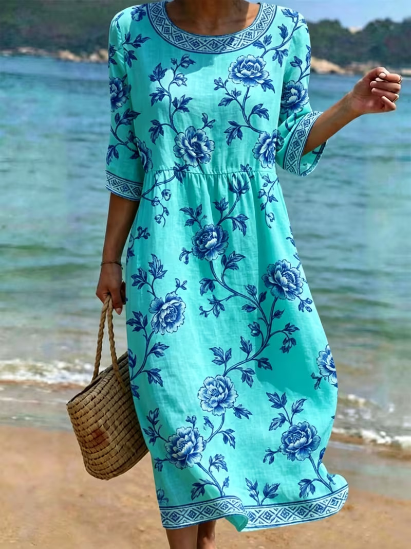 Women's Floral Print Midi Dress Crew Neck Half Sleeve Slim Fit Casual