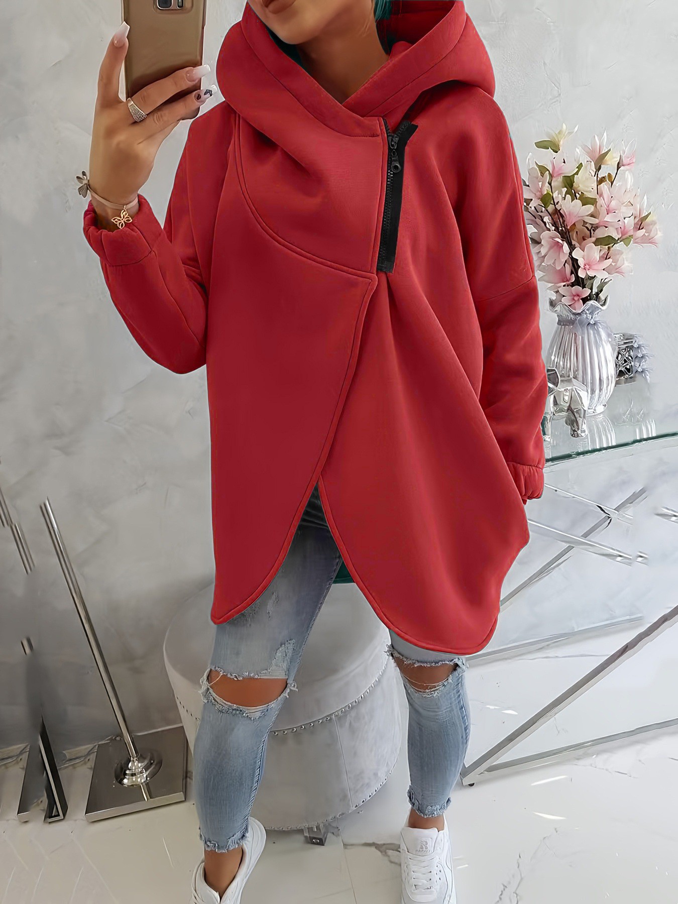 Women's Long-Sleeve Black Hooded Zip-Up Jacket with Front Pockets