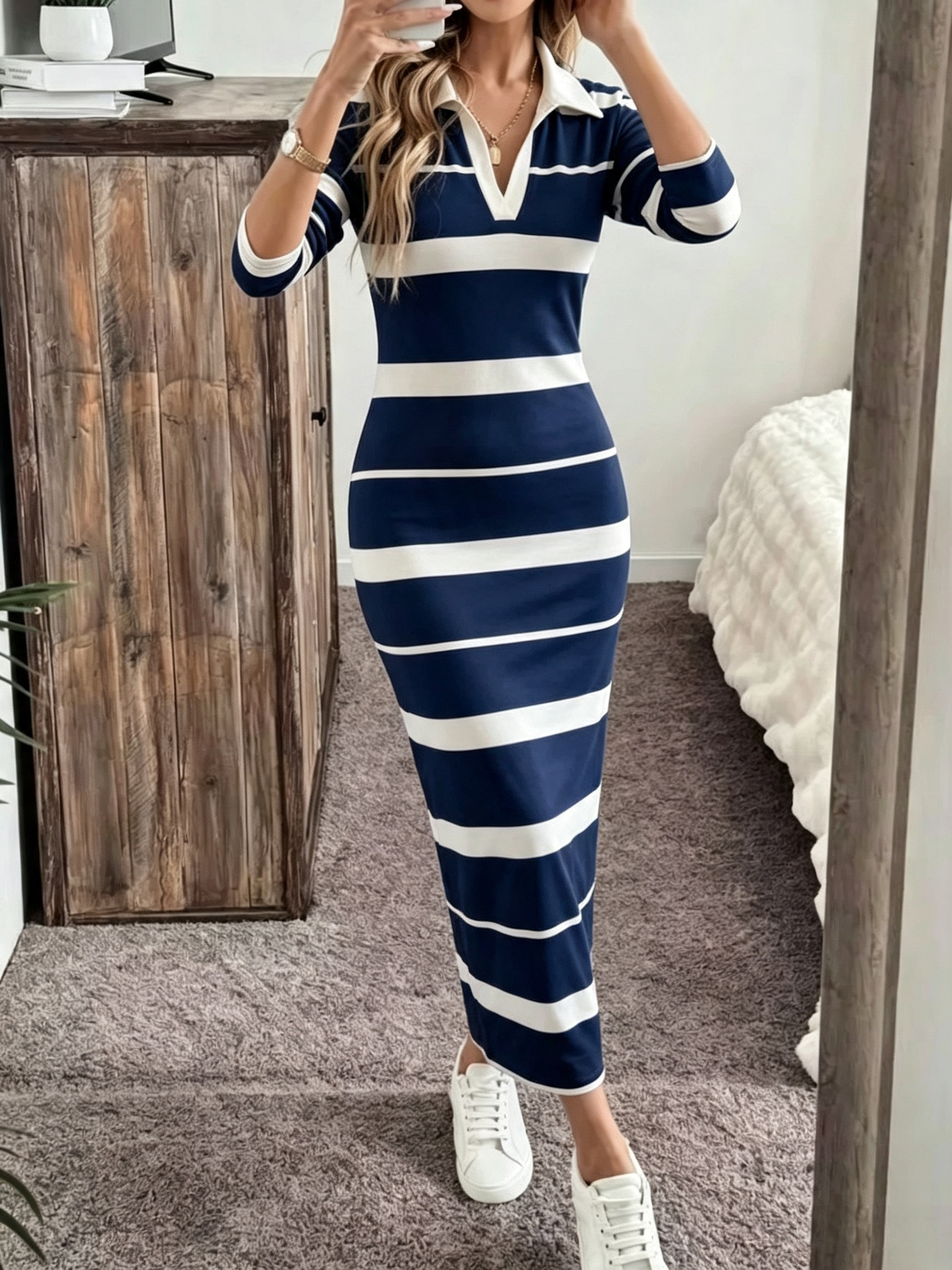 V-Neck Striped Print Long Bodycon Dress
