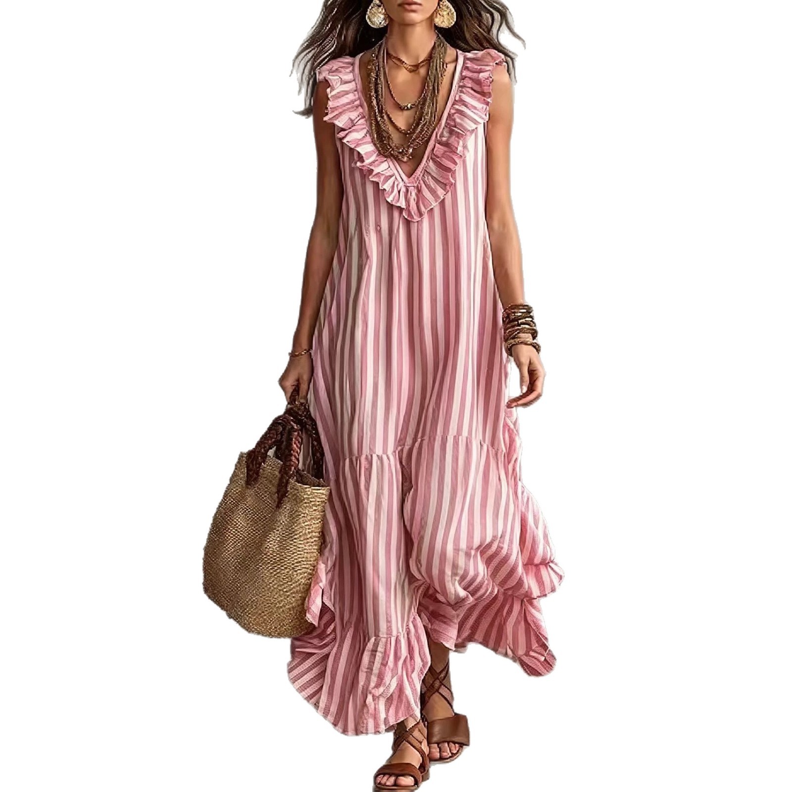 Striped Ruffle V-Neck Sleeveless Maxi Dress