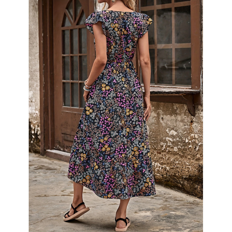Floral V-Neck Boho Maxi Dress with Flutter Sleeves