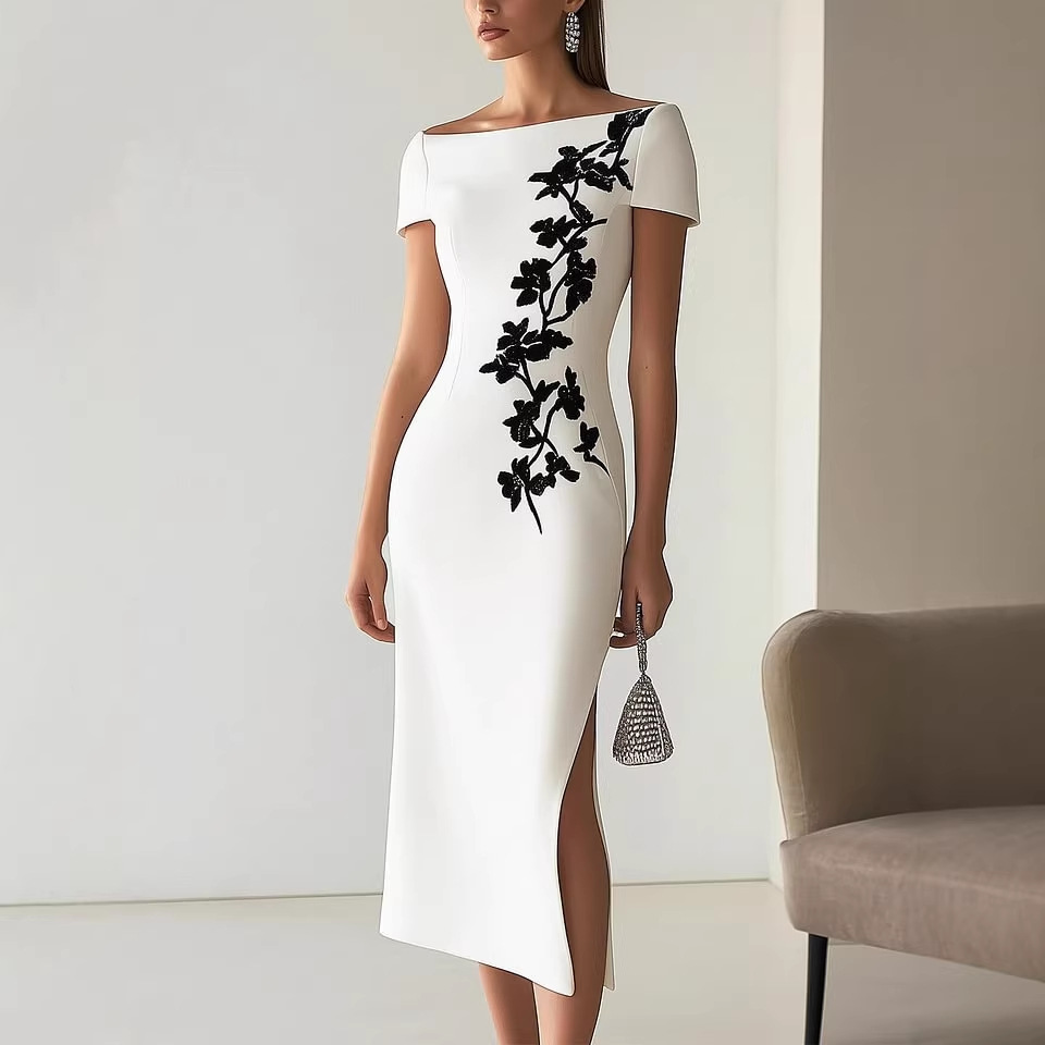 Women's Off-Shoulder Short Sleeve Digital Print Bodycon Midi Dress