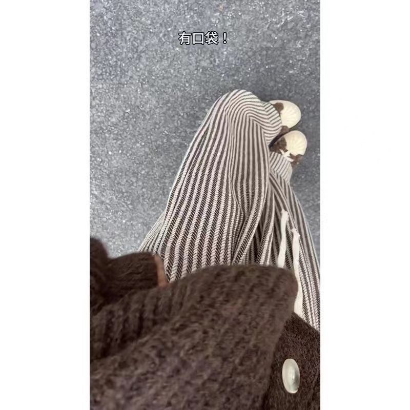 Coffee Vertical Striped Wide-Leg Pants for Women, High-Waist Drapey Straight-Leg