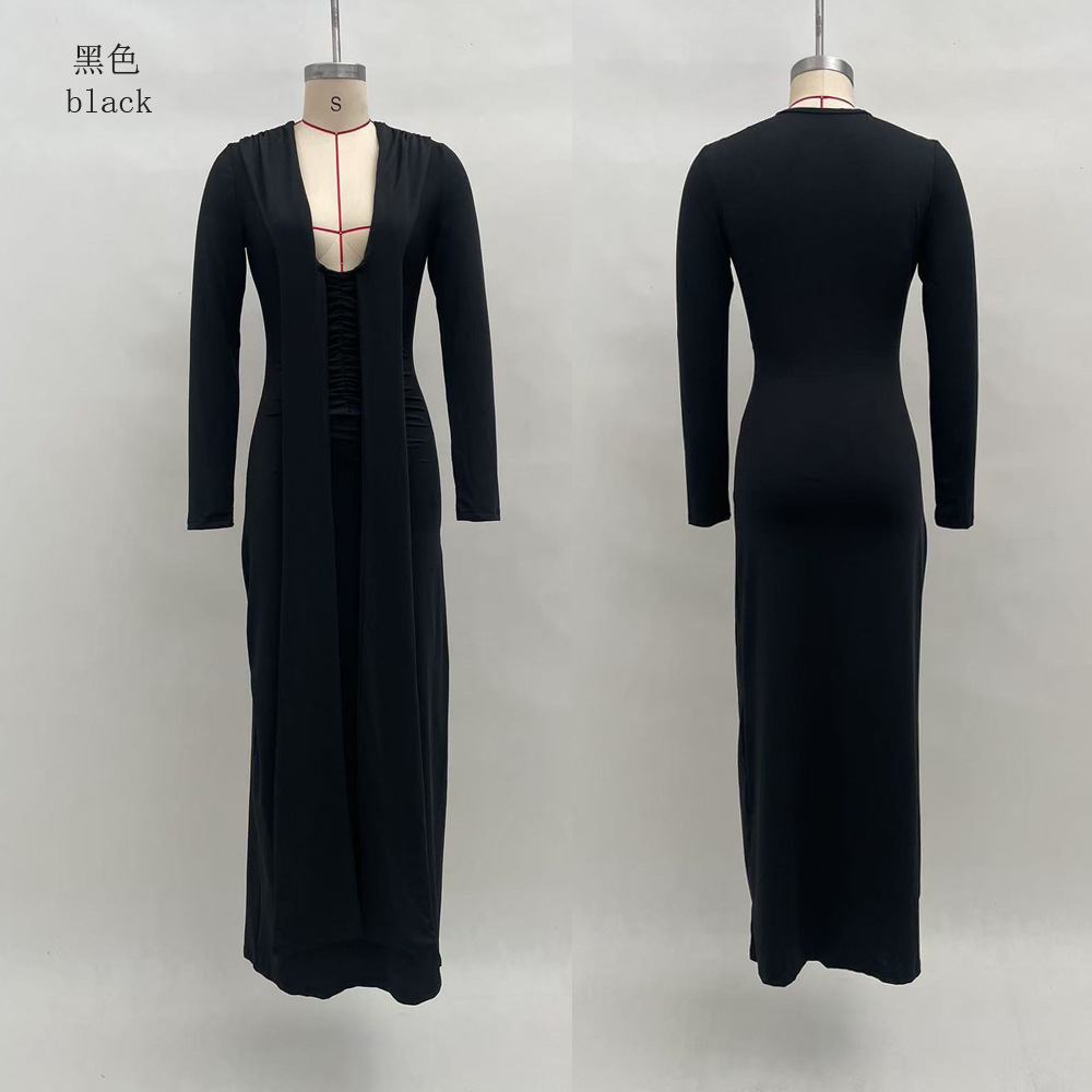 Sexy Deep V-Neck Long Sleeve Ribbon Bodycon Solid Dress