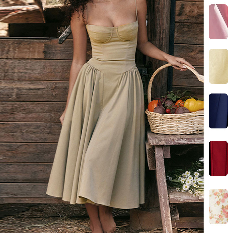Women's French Vintage Sleeveless Midi Dress with Cinched Waist