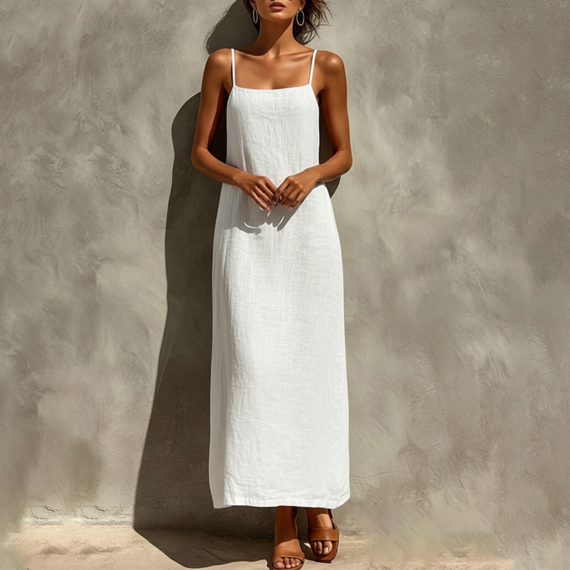 Women's Summer Sleeveless A-Line Maxi Dress Solid Color French Style