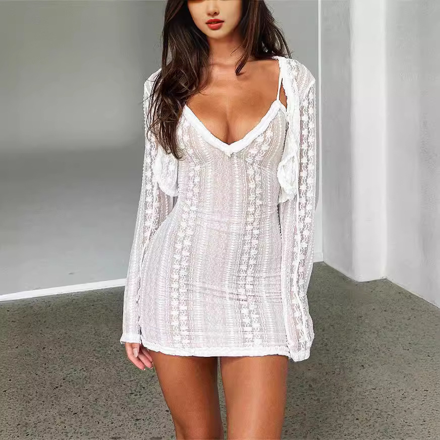 Women's Long Sleeve Sun Protection Cardigan & V-Neck Slit Dress Set