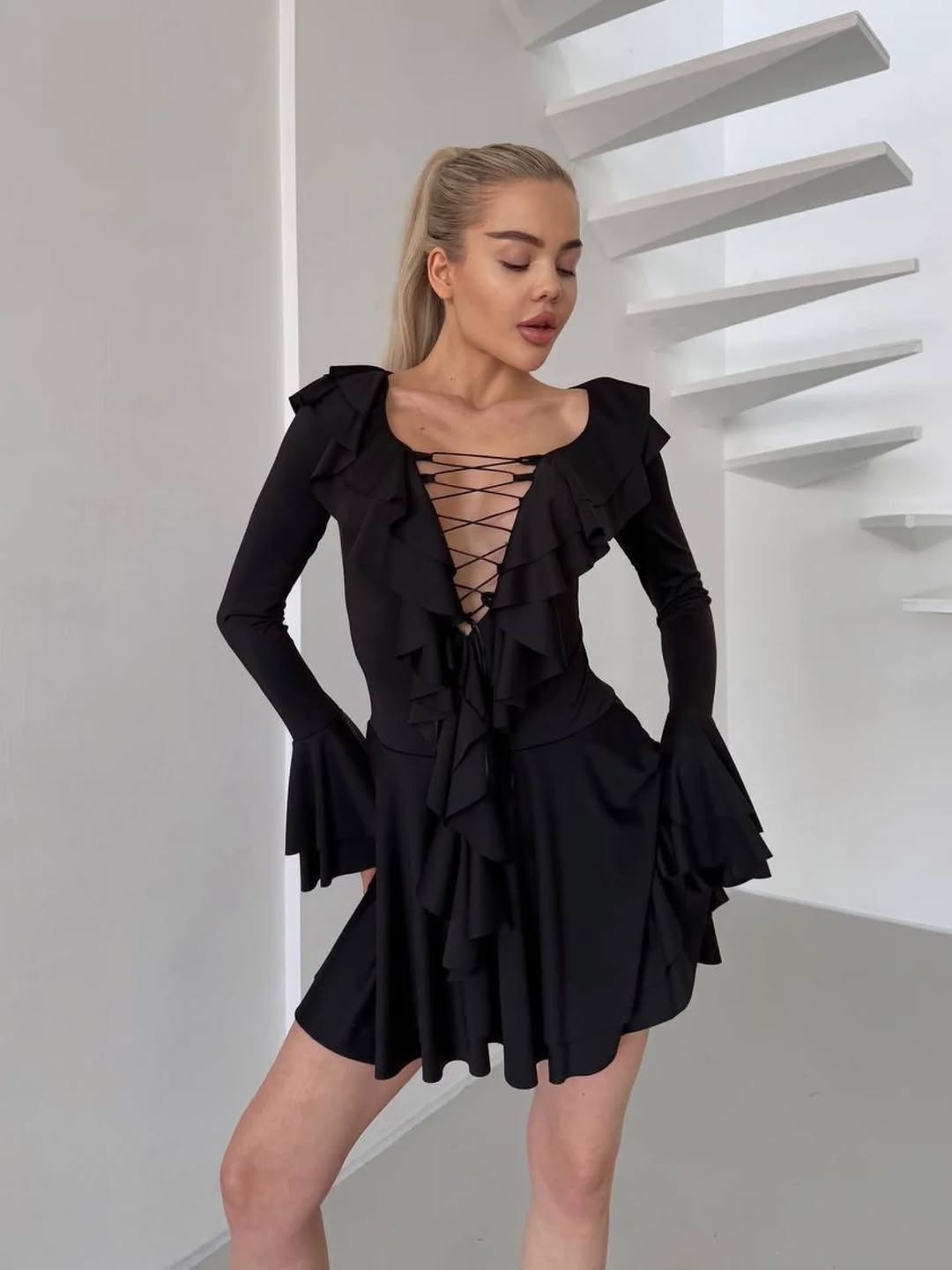 Women's Solid V-Neck Flare-Sleeve Ruffle Waist Dress