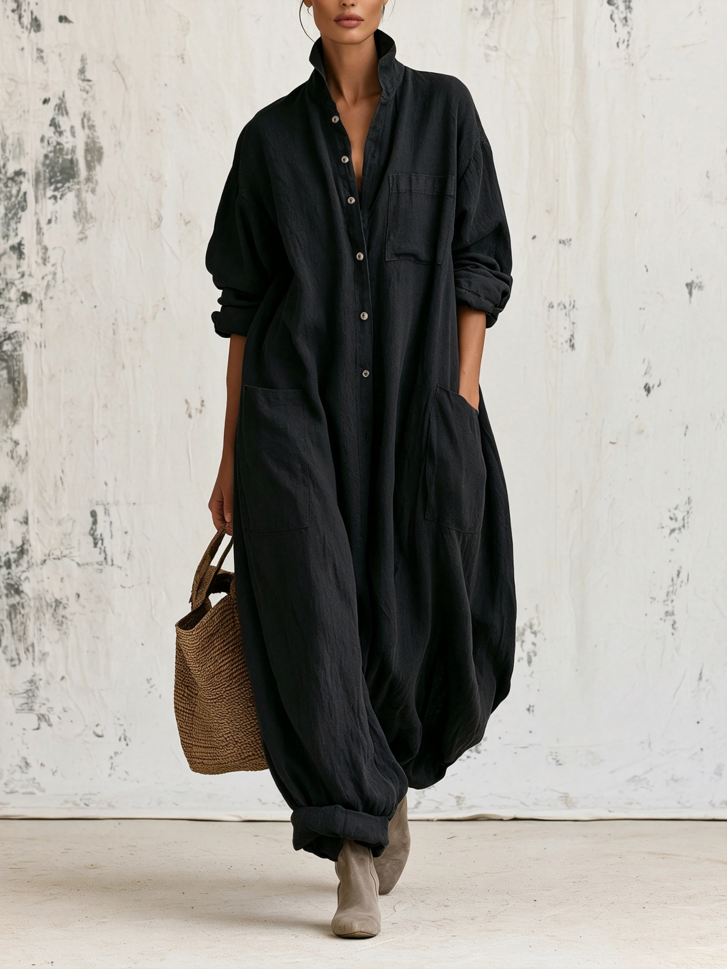 Linen Long Sleeve Jumpsuit with Stand Collar, Button Front, Cargo Pockets, Wide Leg