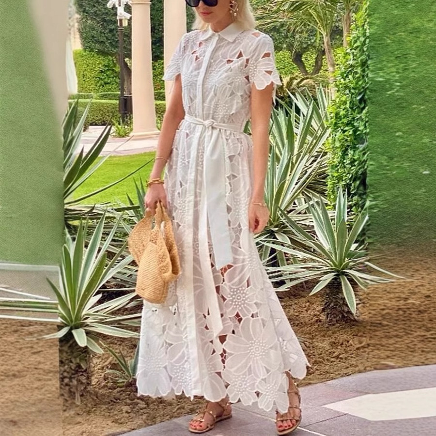 Women's Lace Cardigan Dress Solid Color Single-Breasted Shirt Dress