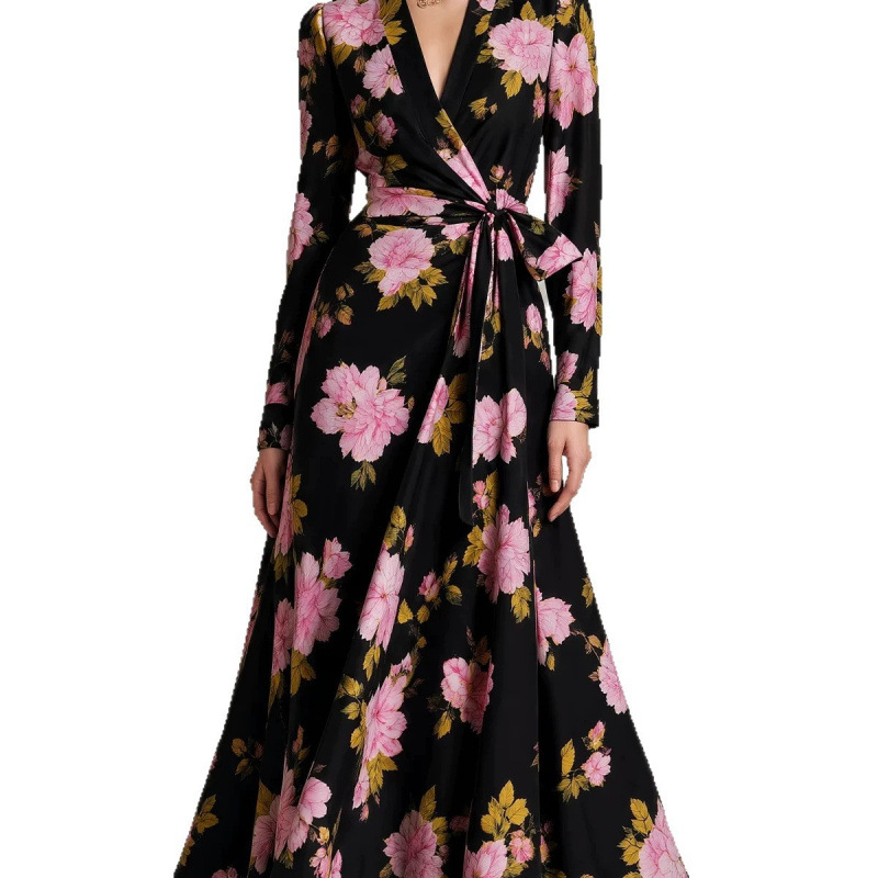 Floral Print V-Neck Midi Dress High Waist Slim Fit