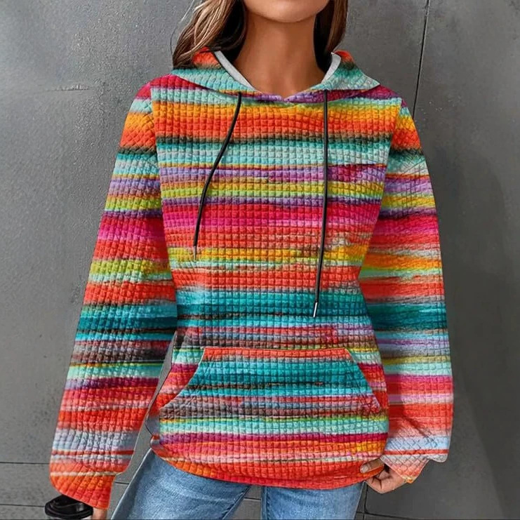 Women's Colorful Waffle Print Casual Hoodie