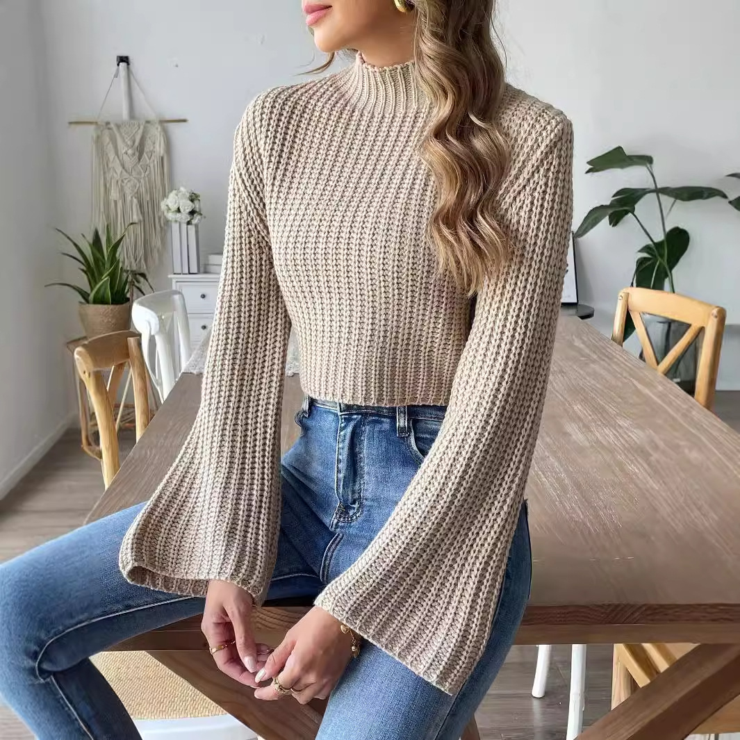 Women's Cropped Mock Neck Sweater with Bell Sleeves
