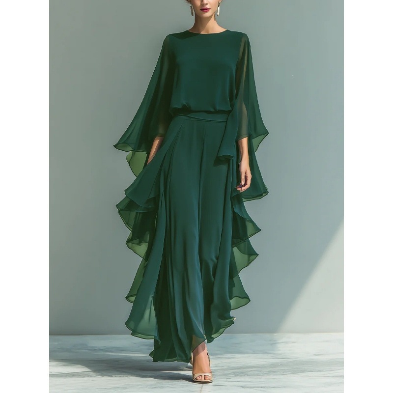 Women's Navy Chiffon Top and Straight-Leg Pants Set with Ruffle Bell Sleeves