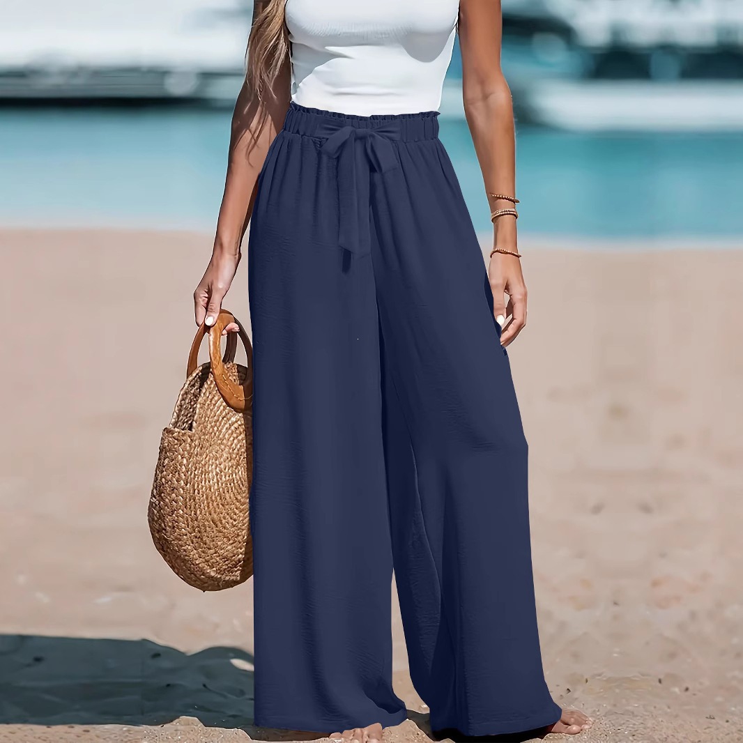 High-Waist Wide-Leg Tie Pants Loose Drapey Commute Casual