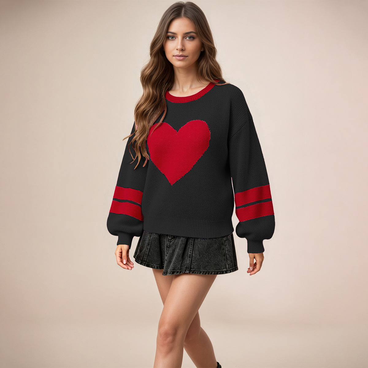 Heart Jacquard Knit Sweater Women's Lazy Round Neck Pullover