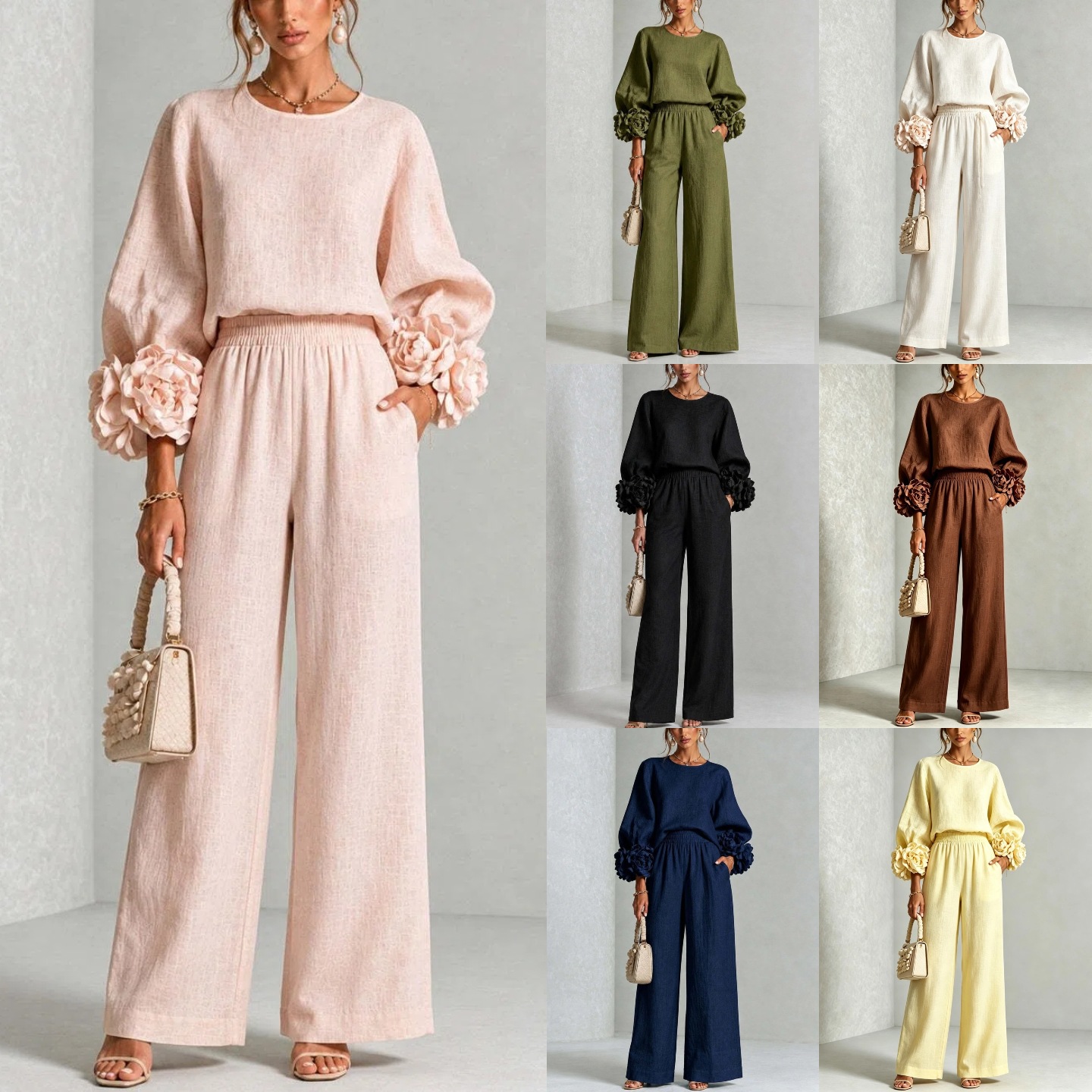 Rose Cuff Lantern Sleeve Top & High-Waist Wide-Leg Pants Set