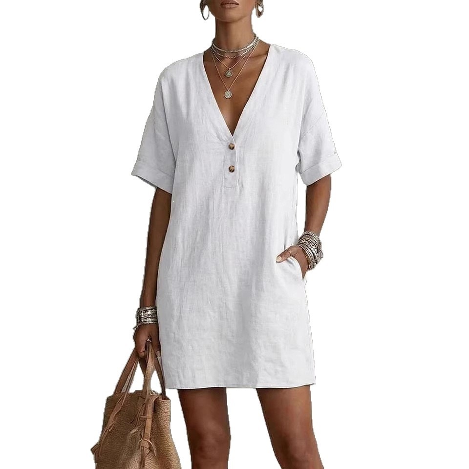 Boho Cotton-Linen Deep V Half-Button Short Sleeve Midi Dress